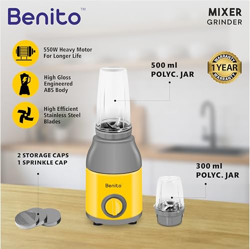 Image of Benito PRESSIO Nutri Mixer Grinder 550 watt with 2 Jars | Durable Shockproof ABS Body | Powerful Motor with Advanced Grinding Technology | Elegant Yellow & Grey Finish come with 1-Year Warranty