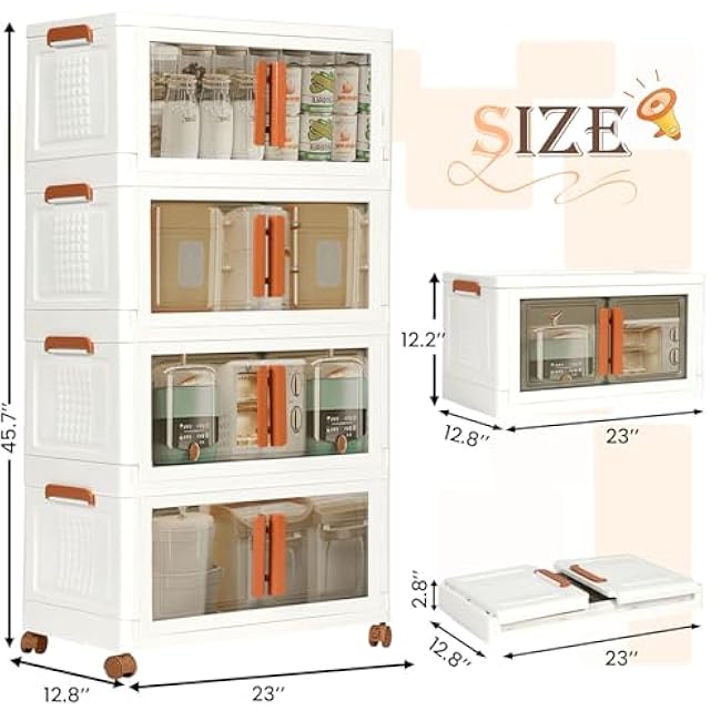 260QT Storage Bins with Lids, Folding Storage Box with Doors and Wheels, Large Stackable Collapsible Storage Bins, 4 Pack Closet Organizers and Storage for Home, Office.
