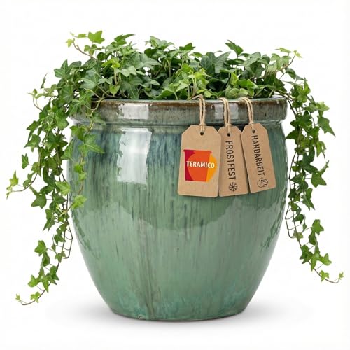 Pflanzgefäß Steinzeug 100% Frostfest | Keramik Blumentopf Außen & Innen (Verschiedene Größen) | Massiver Pflanzkübel mit Drainage-Loch | Premium, stilvoll (Grün, 47cm x 38cm)