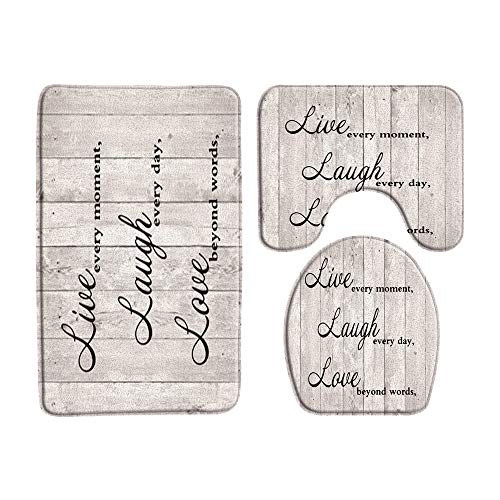 Inspirational Quotes 3 Piece Bath Rugs Sets,Live Laugh Love Motivational Words on Rustic Wooden Board Farm Barn Plank Vintage Farmhouse Toilet Seat Cover,U Shaped Toilet Mat Home Washroom Decor
