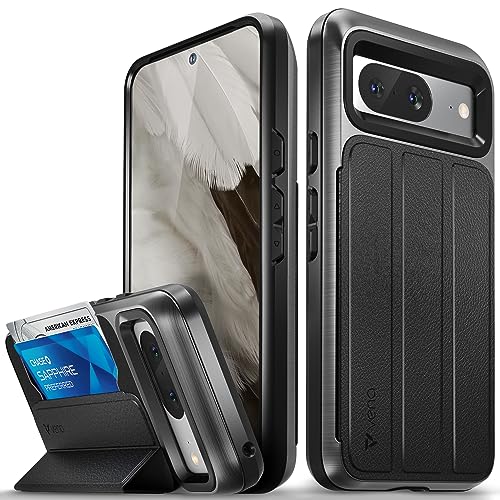VENA vCommute for Google Pixel 8 Wallet Case [Military Grade Drop Protection] (2023) Flip Leather Cover Slot Card Holder with Kickstand - Black