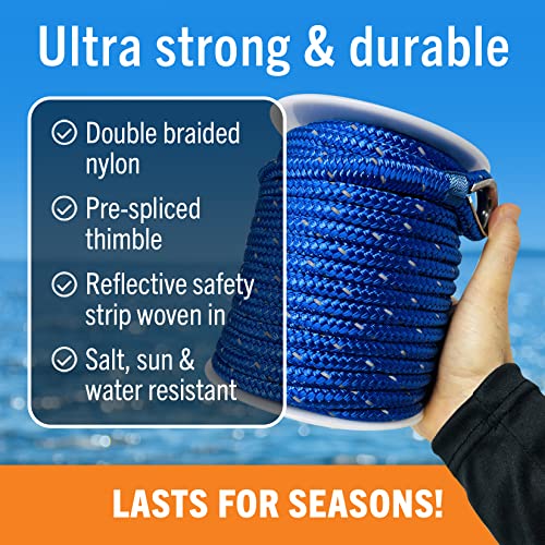 Image of Better Boat Premium Anchor Rope, 100 Ft Double Braided White Nylon Marine | Line, Reflective 3 /8 Inch Reel for Anchors and Boats, Royal Blue