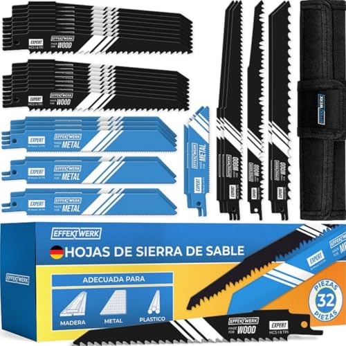 EFFEKTWERK Säbelsägeblätter Set - 32 Stück - Sägeblätter Säbelsäge für Holz Metall Kunststoff - Säbelsägeblätter Holz & Säbelsägeblätter Metall - Ersatzblätter in Aufbewahrungstasche