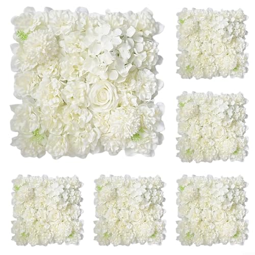 ReachMall 6PCS Flower Wall Panel, Artificial Flowers Floral Backdrop Silk Rose Decor 3D Flower Wall For Wedding Party Baby Shower Home Office Photo Areas Decor(White)