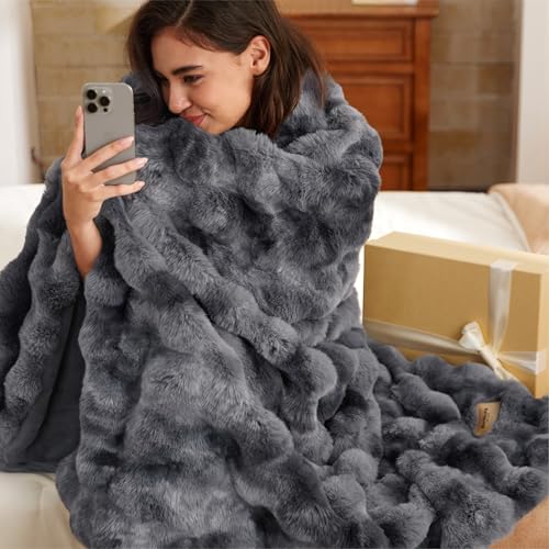 Bedsure GentleSoft Fluffy Faux Fur Blanket Twin Size, Fuzzy Soft Bubble Blanket for Couch, Faux Fur Decor for Home Bedroom Living Room, Thick Furry Cozy Gifts for Women, Tie-dye Grey, 60x80 Inch