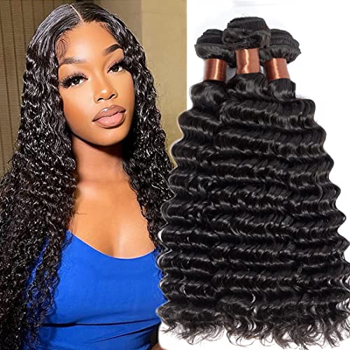 ANGIE QUEEN Unprocessed Peruvian Virgin Hair Deep Wave 3 Bundles 16 18 20inch Cheap Virgin Human Hair Extensions Natural Black Color (100+/-5g)/bundle Can be Dyed and Bleached