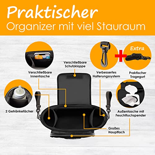 GRINSEZWERGE Kinderwagen Organizer – Premium Kinderwagentasche verschließbar I Kinder Buggy Tasche mit Feuchttuchspender I Baby Stroller Bag Grau I Aufbewahrungstasche (Theo Tiger (schwarz))