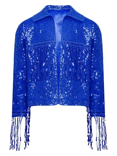 Kids Girls Sequin Fringe Jacket Sparkle Tassel Coat for Disco Party Hip Hop Jazz Dance Performance3