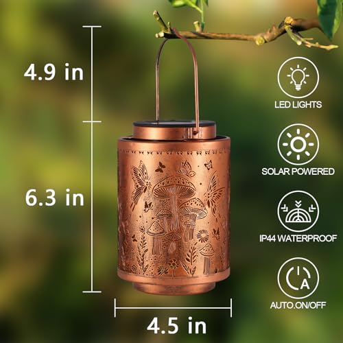 Image of 2 Pack Solar Lanterns Outdoor Waterproof Garden Decor Gifts for Women Mon Grandma Metal Hanging Solar Lights Decoration for Outside LED Lanterns for Yard Patio Lawn(Mushroom)