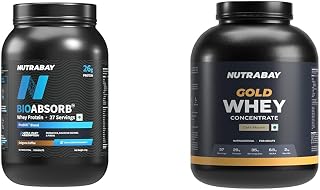 Nutrabay BioAbsorb™ Whey | ProDiFi™ for Ultra-Fast Absorption | 26g Protein | Dalgona Coffee, 1kg | Nutrabay Gold Whey Protein Concentrate with Digestive Enzymes 25g Protein, 5.3g BCAA, 3.9g Glutami