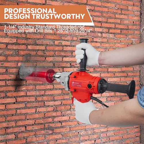 Diamond Core Drilling Machine, Handheld Dry and Wet Core Drill Rig, 1-1/4"Threaded Shaft, Equipped with Wet Drill Bits 1.25", 2.5", 3.25",4"and Water Pump Set, for Concrete Bricks and Stones