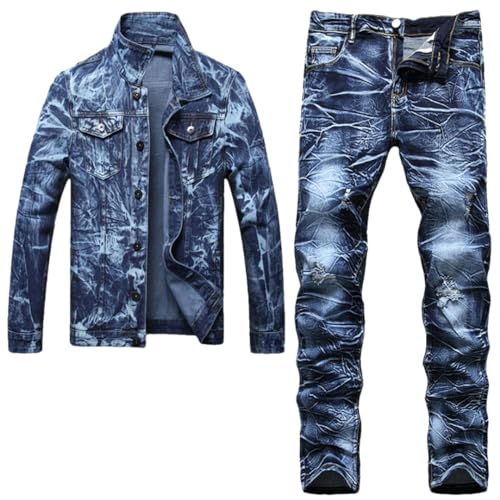 Men's Casual Loose 2Pcs Jeans Sets Irregular Long Sleeve Denim Jacket and Hole Ripped Pants