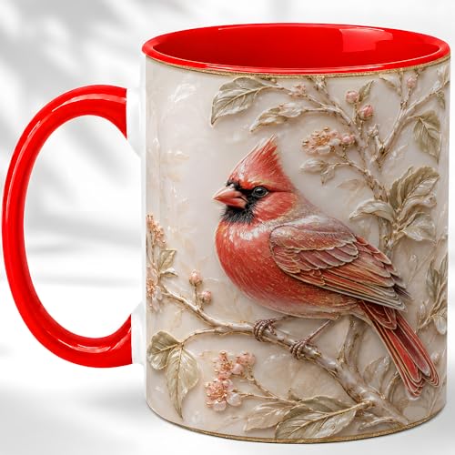Taza de café cerámica roja con diseño de pájaro miniatura 1