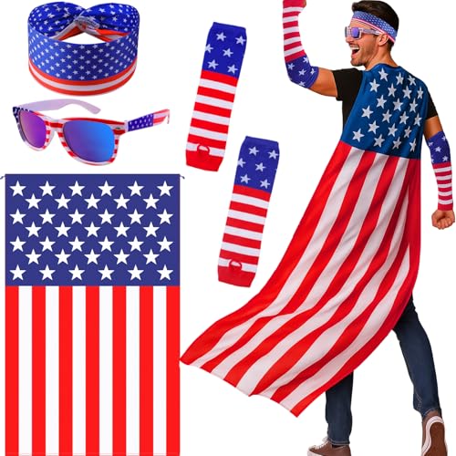 TMKEFFC American Flag Costume Set – 4 PCS Patriotic 4th of July Outfit with USA Cape (59"x35.4"), Headband, Blue Lens Sunglasses & Sleeves – Independence Day Accessories for Men & Women (Adult)
