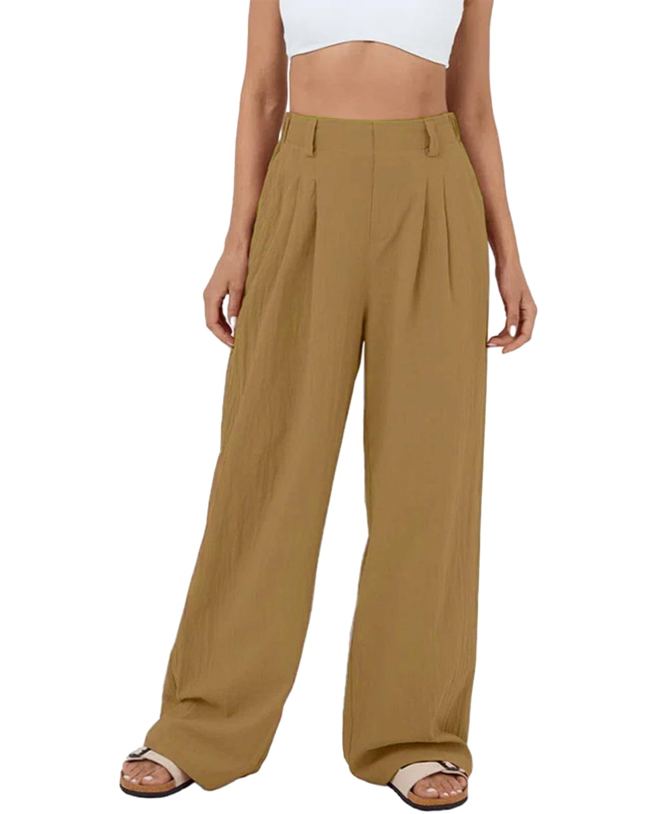 WOWULOVELY Womens Wide Leg Pants Back Elastic Waisted Business Work Trousers Long Straight Suit Pants with Pocket