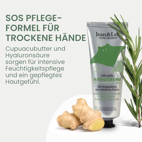 Jean & Len Sehr geile Handcreme Rosemary & Ginger, mit Urea, Handpflege für trockene und rissige Hände, spendet Feuchtigkeit und pflegt intensiv, ohne Parabene & Silikone, Handcreme Tube, vegan, 75 ml