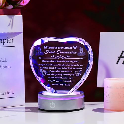 Image of Qianwei First Communion Gifts for Boys Girls, 3D Engraving Crystal Praying Boy John Figurine Jesus First Communion Veil Decoration, Baptism Gifts for Boy Girls Catholic