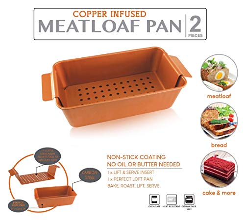 Volar Non-Stick Meatloaf Pan 2-Piece Healthy Meatloaf Pan Set Copper Coating With Removable Tray Drains Grease #TOP3