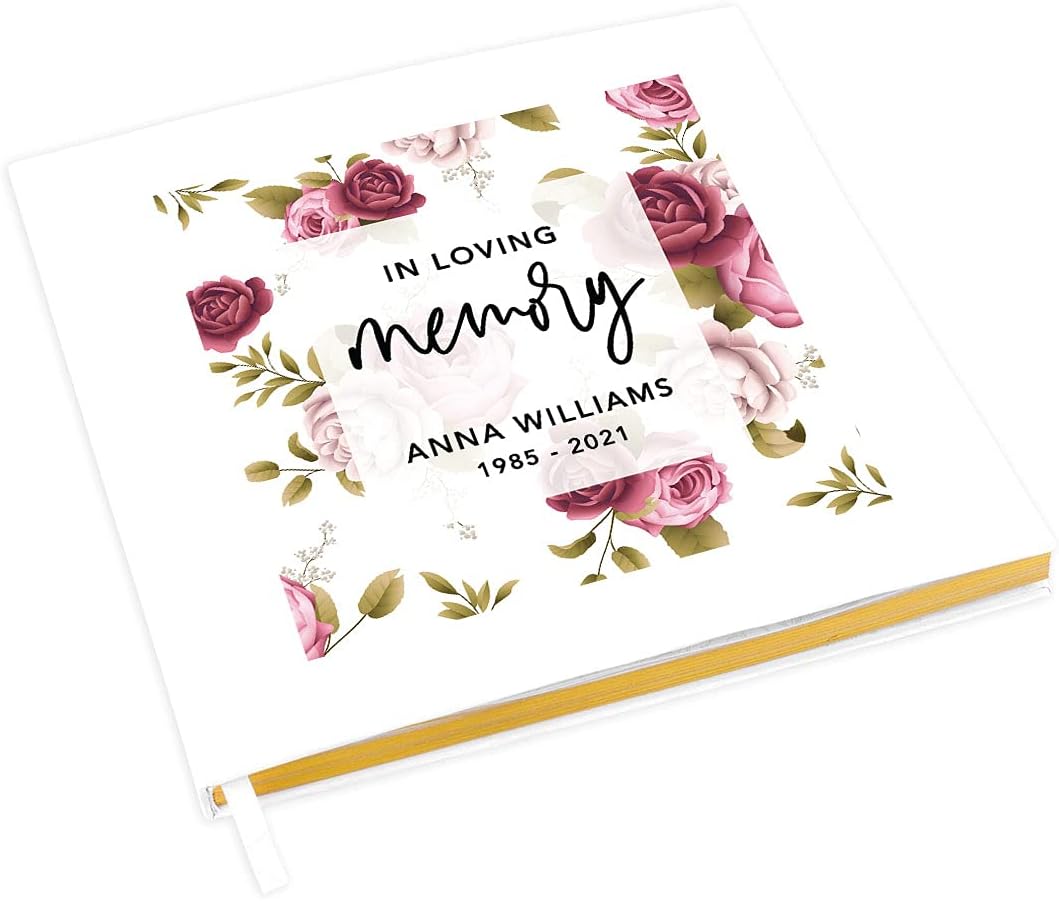 Andaz Press Personalized Memorial Guestbook with Gold Accents, In Loving Memory, Burgundy and Pink Florals White Guest Sign In Registry 120 Pages 8.5 X 8.5 Memories Book for DIY Scrapbook, Photo Album