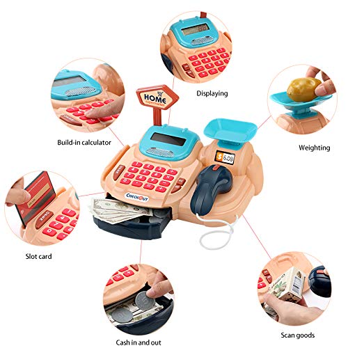 Sotodik 26 PCS Cash Register with Electronic Sounds,Working Scanner,Calculator,Credit Card Reader,Play Food and Money Preschool Learning for Girl Boys Kids