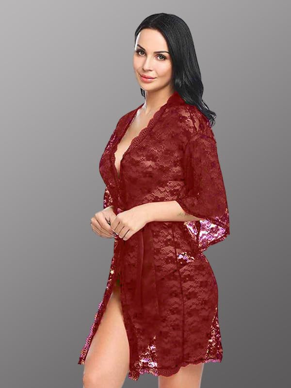 Image of Women's Sheer Lace Babydoll Lingerie Set, Floral Printed Nightdress with Panty, Net Lace Robe and Bikini Set, 4-Piece Nightwear Set
