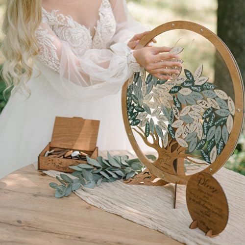 WEIYOUDP Libro degli ospiti per matrimonio, personalizzabile, cartello circolare con foglie, albero genealogico, compleanni, baby shower, anniversari, decorazione in legno (40 x 40 cm, 90 foglie)