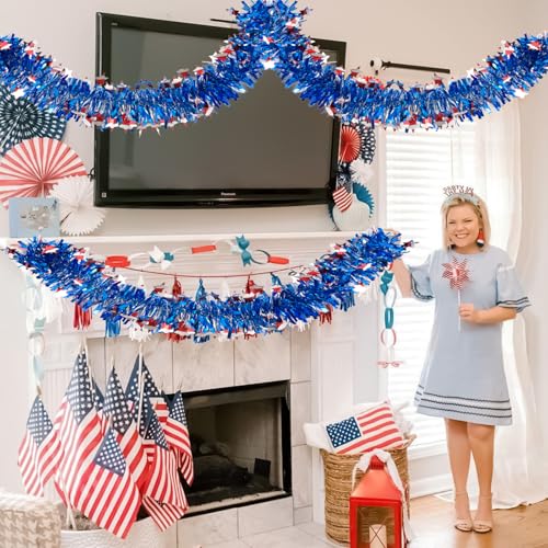 Image of 4th of July Patriotic Tinsel Garland Decoration 33FT, Red White and Blue Tinsel Garland with Shiny Star Metallic Garlands,Independence Day Memorial Day Decor for Home Indoor Outdoor