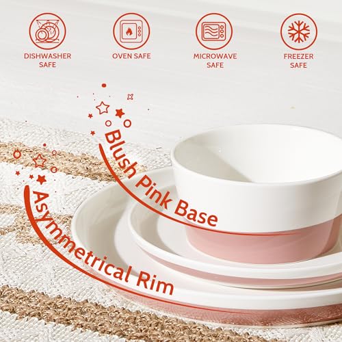 Sweese Plates and Bowls Set, Porcelain Dinnerware Sets for 6, 18 Pieces Handcrafted Glaze Dishes, Chip and Scratch Resistant, Microwave Oven & Dishwasher Safe Dishwasher Safe, White & Pink — view 4