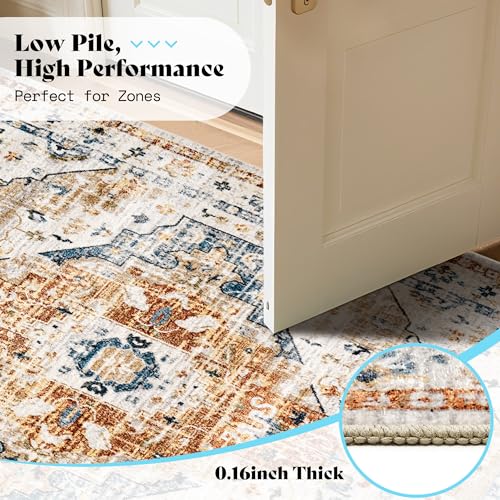Image of AMERLIFE 5'x8' Wilton Collection Area Rug, Durable Low Pile Non-Slip Washable Rug for High Traffic Areas, Vintage Diamond Medallion Rug for Living Room, Bedroom, Dining Room, Yellow /Blue