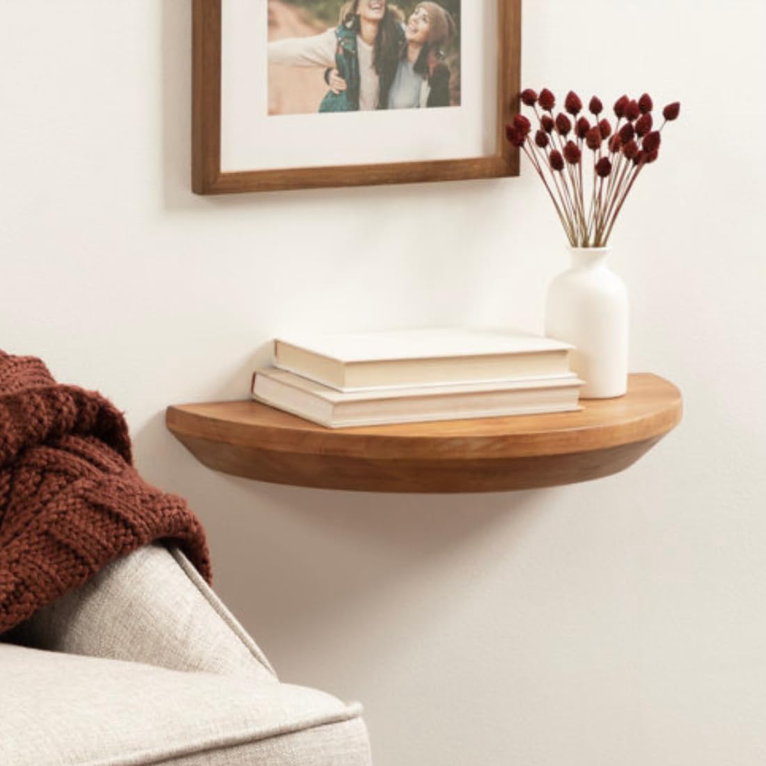 Craftware Decorative Set of 1 Half Round Wooden Wall Shelves - Space-Saving Solid Wood Floating Table Shelves sopha Side Shelf Stand for an entryway, Living Room Console Table Display (Natural)-image-26