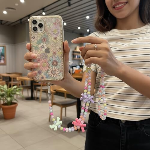 Image of KHOLAD White Bow Phone Chain Crossbody Pearl Strap | 2in1 Wrist & Shouler Crossbody Lanyard | Pearl Beads Charms Chain with Phone Tether Patches | Compatible with Most Phones, Bag, Purse