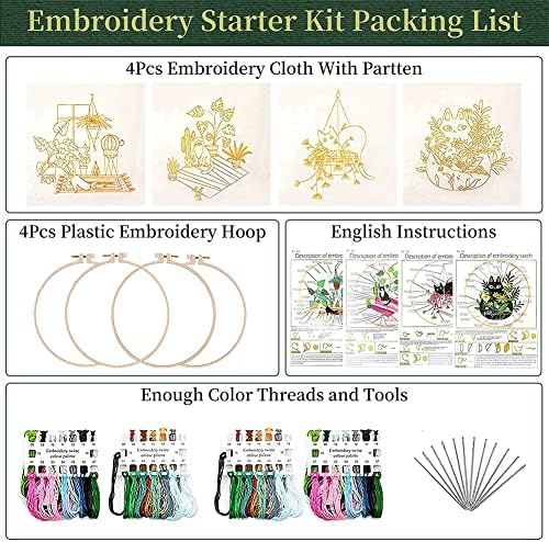 OmeHoin 4pcs Embroidery Kit for Beginners, Cat Pattern Embroidery Starter Kits for Adults , Include Embroidery Clothes with Pattern Embroidery Hoops and Instructions , Cross Stitch Set for Adults