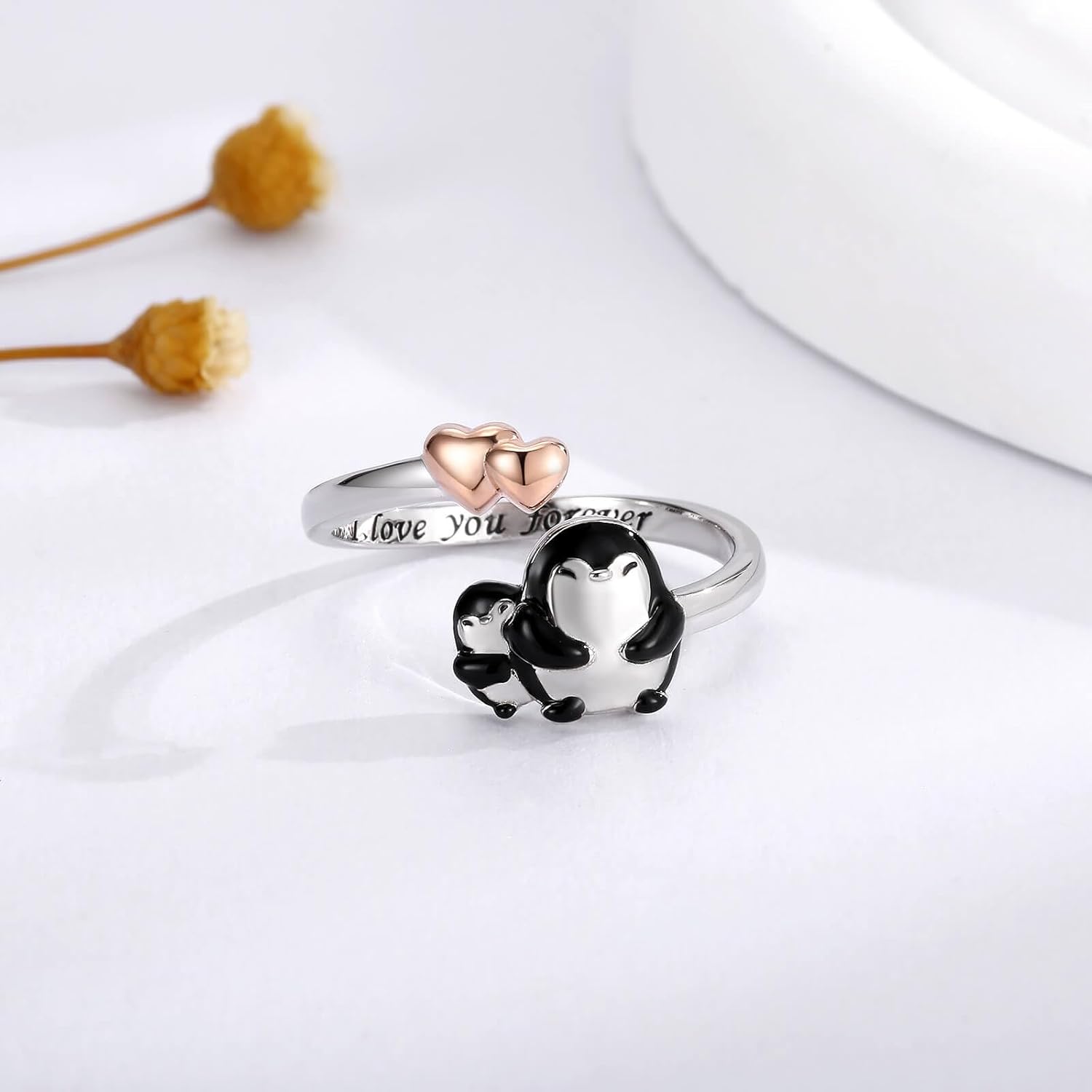 Cow Dinosaur Penguin Mom Daughter Son Ring Adjustable 925 Sterling Silver Cute Animal Jewelry Gifts for Women Mothers Day