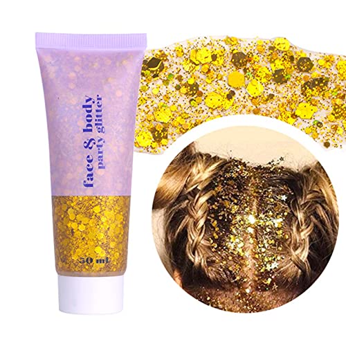 Prreal Body Glitter gel 50ml, Mermaid Sequins Chunky Glitter Liquid kit, Long-Lasting Glitter Powder Gel For Festival Masquerade Birthday Makeup#Gold