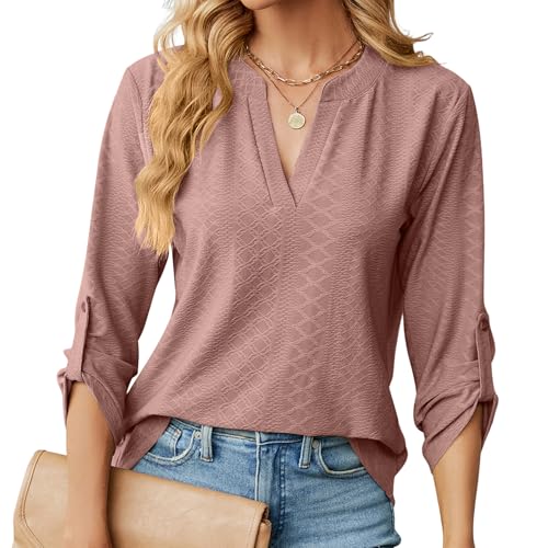 HANERDUN Blusas de Mujer Elegantes Camisa Manga Larga 3/4 Ropa Elegante Cuello en V Primavera