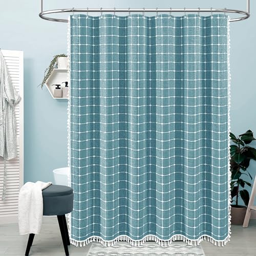 Image of BTTN 78 Inch Long Shower Curtain, Boho Farmhouse Linen Ultra Thick Fabric Shower Curtain Set with Plastic Hooks, Tall Rustic Country Weighted Cloth Shower Curtains for Bathroom, Teal /Turquoise, 72x78
