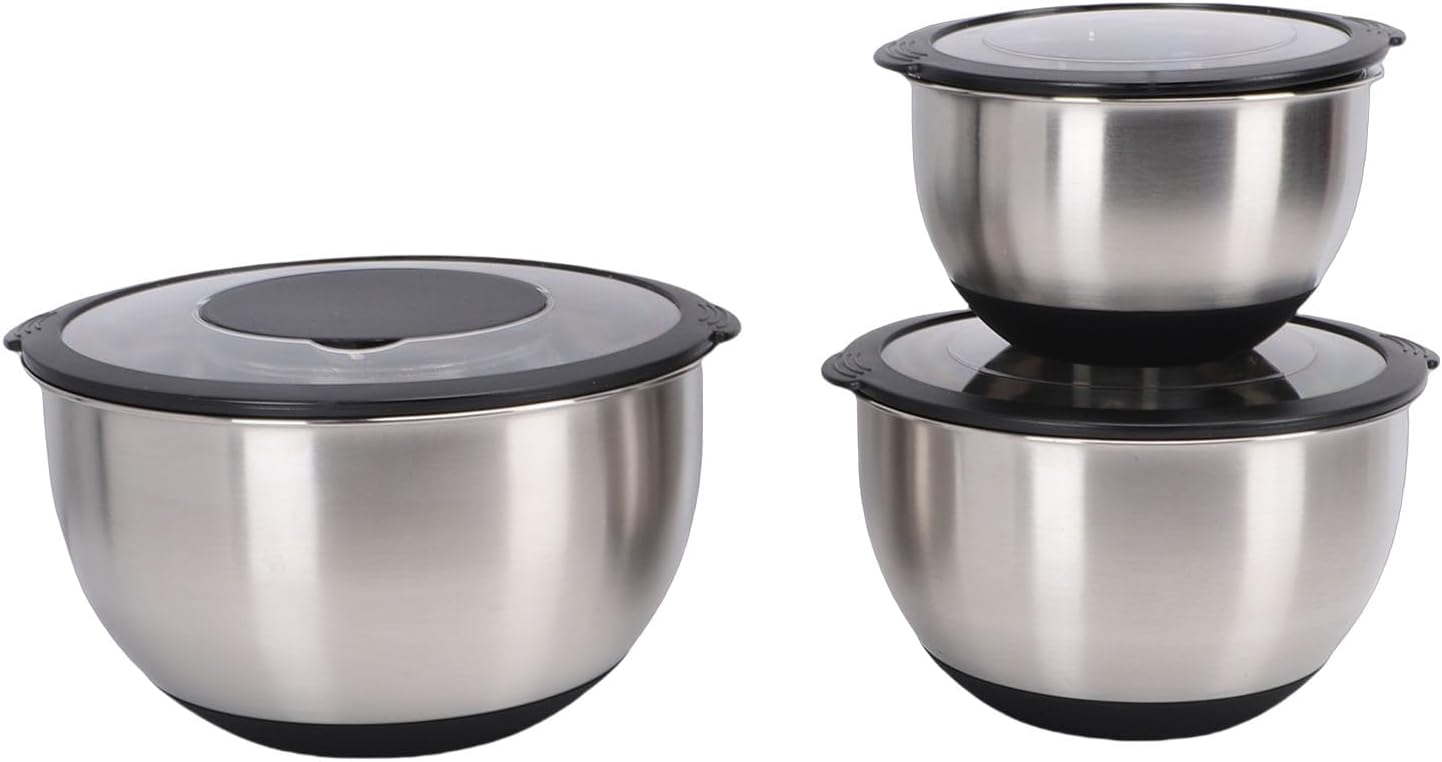 3PCS Mixing Bowls with Airtight Lids Stainless Steel Nesting Mixing Bowls with 3 Grater Attachments, Kitchen Bowls with Non Slip Silicone Bottoms for Kitchen