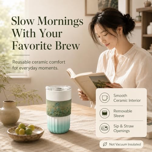 Mug de cerámica para viaje con tapa y manga, 14.2 oz miniatura 2
