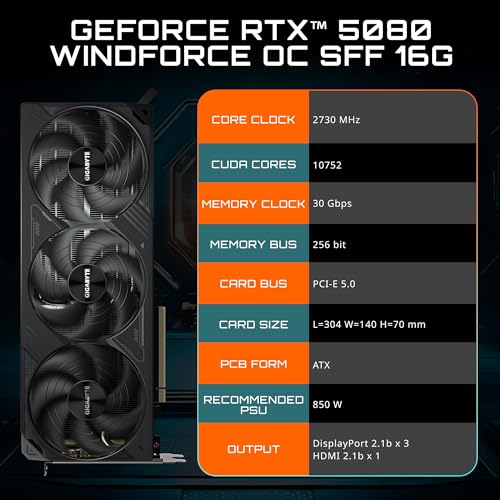 Image of GIGABYTE GeForce RTX 5080 WINDFORCE OC SFF 16G Graphics Card, WINDFORCE Cooling System, 16GB 256-bit GDDR7, GV-N5080WF3OC-16GD Video Card