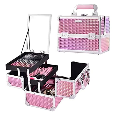 Joligrace Makeup Train Case Cosmetic Box Portable Makeup Case Organizer 2 Trays Makeup Storage with Mirror Locking for Cosmetologist Aesthetic Supplies Nail Tech Traveling Makeup Box Mermaid Pink Cover
