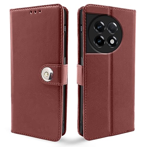 Image of Pikkme OnePlus 11R 5G Flip Cover Leather Finish | Inside TPU with Card Pockets | Wallet Stand and Shock Proof | Complete Protection Button Flip Case (Brown)