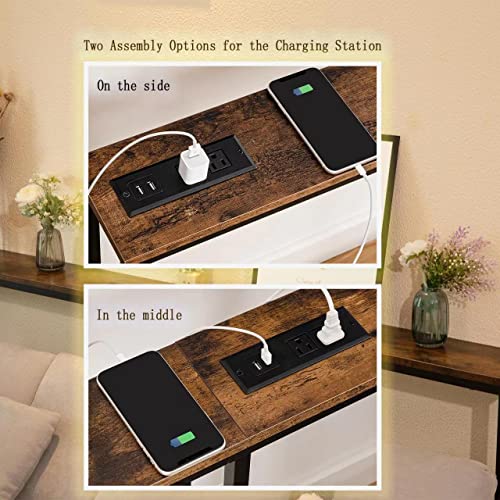 Sucrsixbro Console Table With Charging Station, 63" Narrow Sofa Table, Entryway Table With Outlets And Usb Ports,Easy Assembly,Living Room, Bedroom,Rustic Brown #TOP4