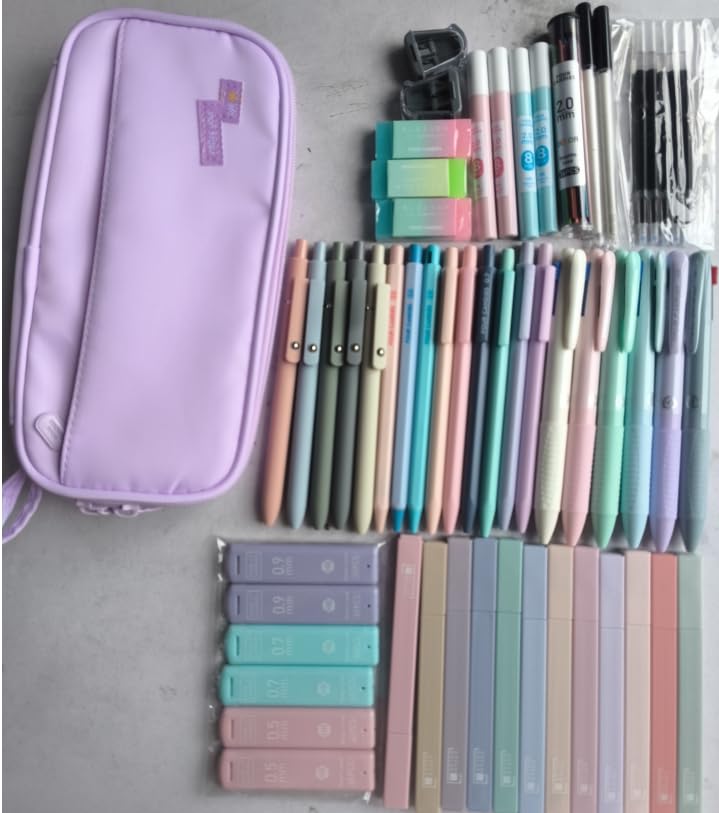 Four Candies 56 PCS Aesthetic School Supplies with Cute Pencil Case Light Purple