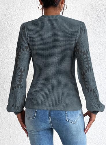 Image of BLENCOT Womens Casual Crochet Top Mesh Lace Long Sleeve Shirts Waffle Knit Blouse Crewneck Shirt Fall Womens Tops Pullover
