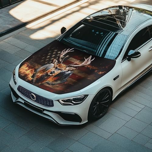 Image of Fire Elk American Flag Car Hood Cover Slip-On Washable Elastic Weatherproof Fabric Elastic Band Fixation Fits Most Cars