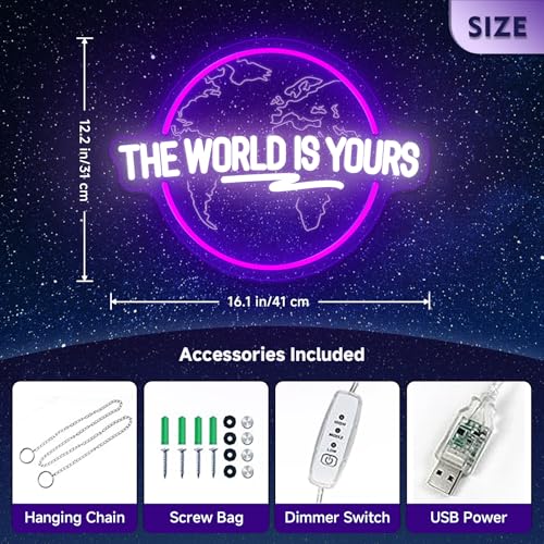 Image of The World Is Yours Neon Sign Dimmable Carved Planet The World Is Yours LED Signs Purple Neon Sign for Bedroom Classroom Man Cave Game Room Birthday Christmas Gifts for Kids