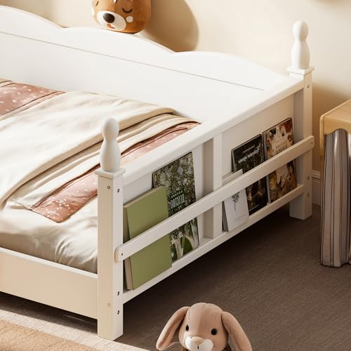 Image of Bellemave Twin Size Montessori Floor Bed Frame with High Fence, Solid Wood Kids Floor Bed with Bookshelf, Low Profile Bed for Boys & Girls, Childlike Design,Beige