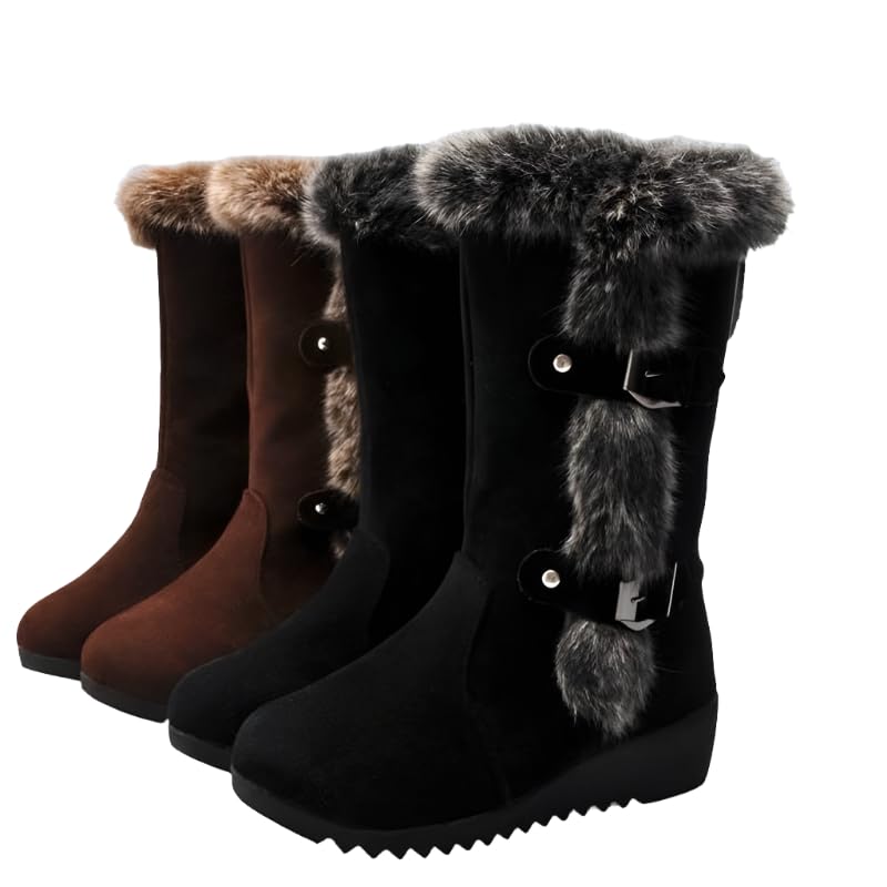 Image of Winter Women Boots Casual Warm Fur Mid-Calf Boots shoes Slip-On (Black, 41)