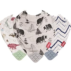 Nuby Reversible 100% Natural Cotton Muslin 3 Piece Teething Bib, Green/Grey/Blue, Dinosaur/Bear/Stripes