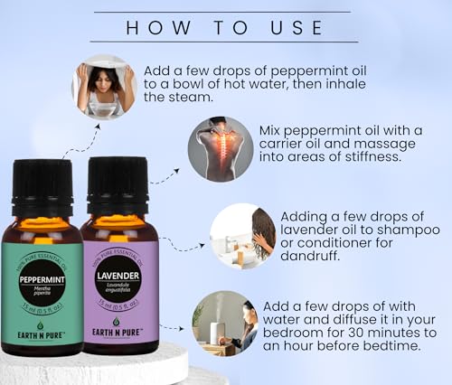 Image of Earth N Pure Lavender & Peppermint Essential Oils | Pack of 2 (15 ml each) | 100% Pure, Undiluted, Natural and Therapeutic Grade - Perfect for Aromatherapy, Skin Therapy & More